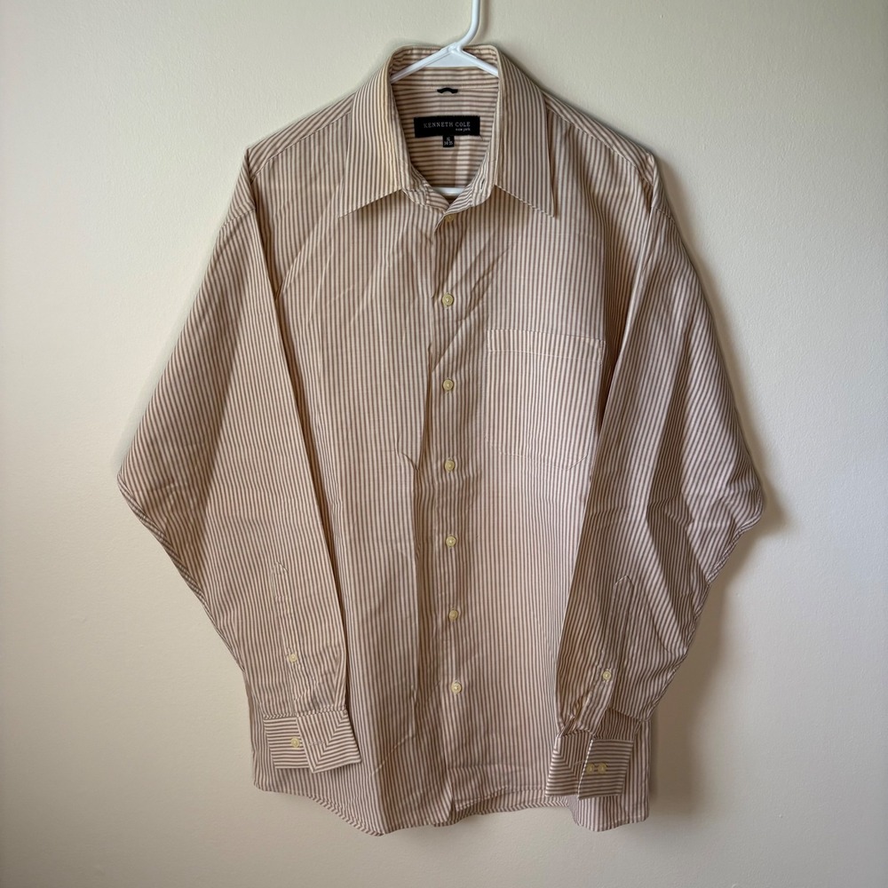 Y2K Kenneth Cole Shirt Mens 16 34-35 Tan Pinstripe Button Down Long Sleeve Top